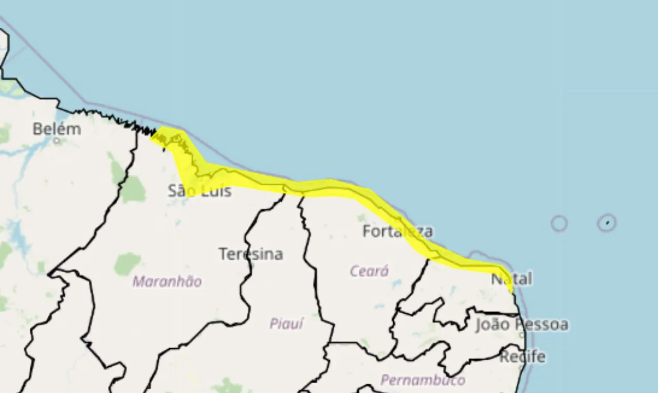 o mapa mostra as &aacute;reas em alerta para ventos